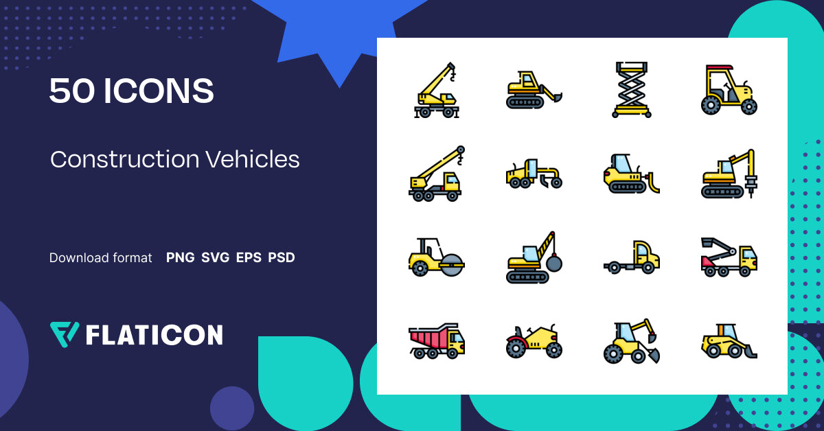 Construction Vehicles Icon Pack | Lineal color | 50 .SVG Icons