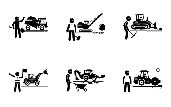 construction vehicles and workers