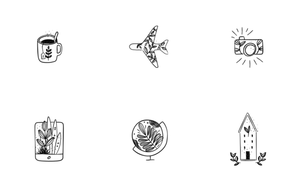 set of floral nature symbols in hand made line style