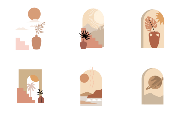 abstract aesthetic landscape in boho style minimal design interior sun and moon big set