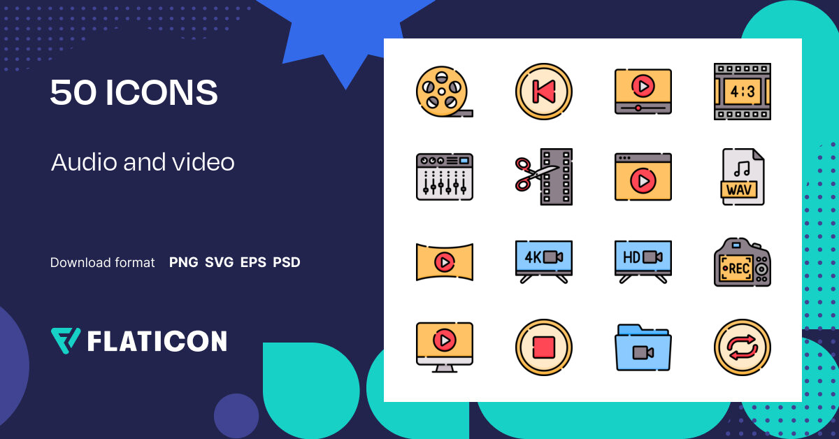 Audio and video Icon Pack | Lineal color | 50 .SVG Icons