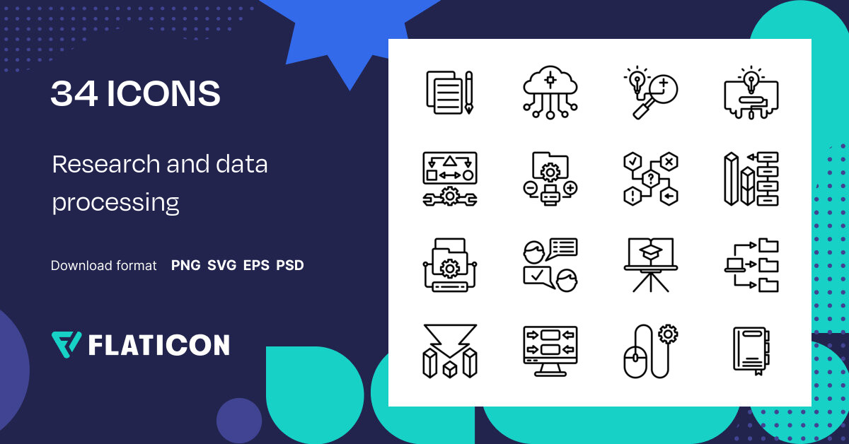 Research and data processing Icon Pack | Detailed Outline | 34 .SVG Icons