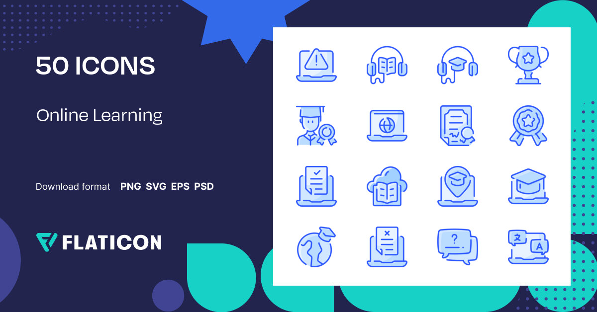 Online Learning Icon Pack | Blue | 50 .SVG Icons