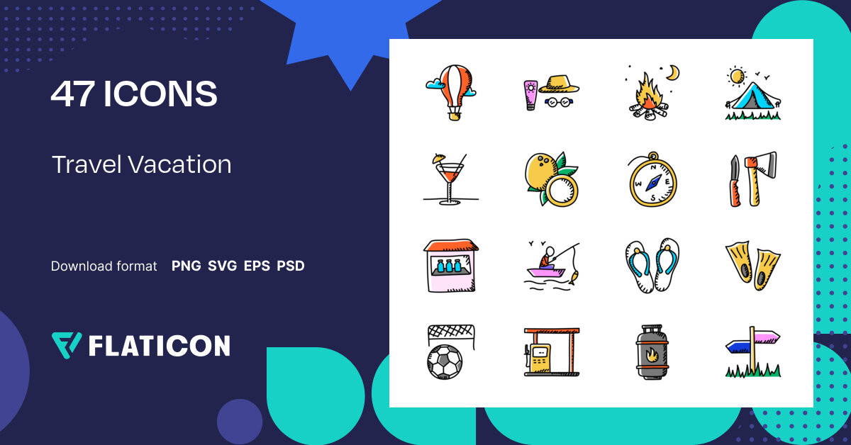 Travel Vacation Icon Pack | Hand Drawn Color | 47 .SVG Icons