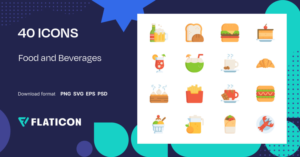 Food and Beverages Icon Pack | Flat | 40 .SVG Icons