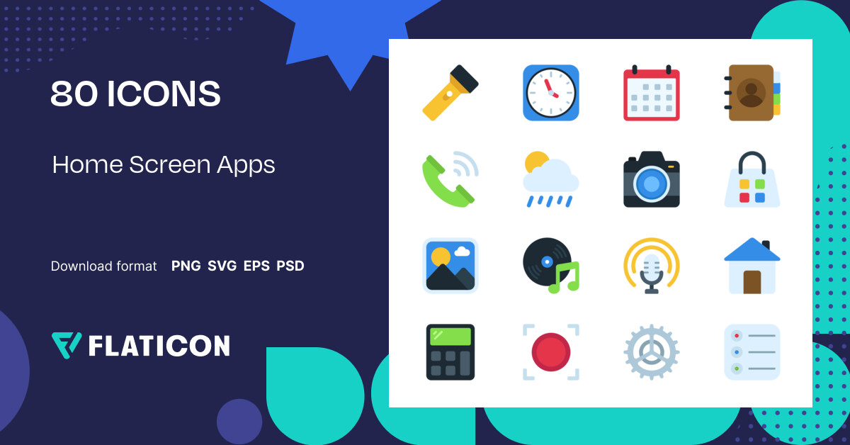 Home Screen Apps Icon Pack | Flat | 80 .SVG Icons