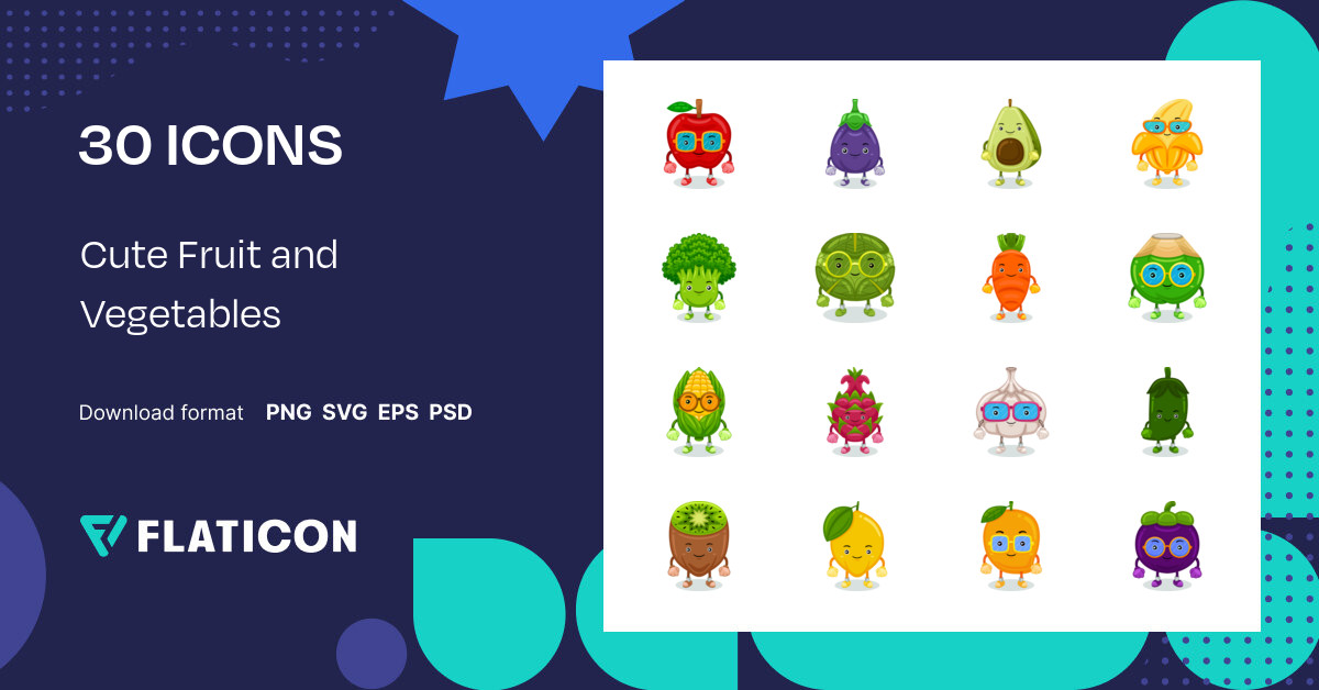 Cute Fruit and Vegetables Icon Pack | Color fill | 30 .SVG Icons