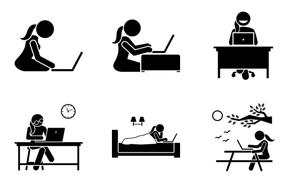 woman using computer on different postures poses and places